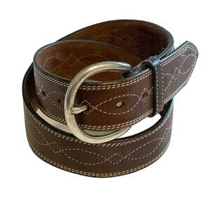 Eddie Bauer Western Embroidered Belt Womens Large Brown Leather Silver Buckle